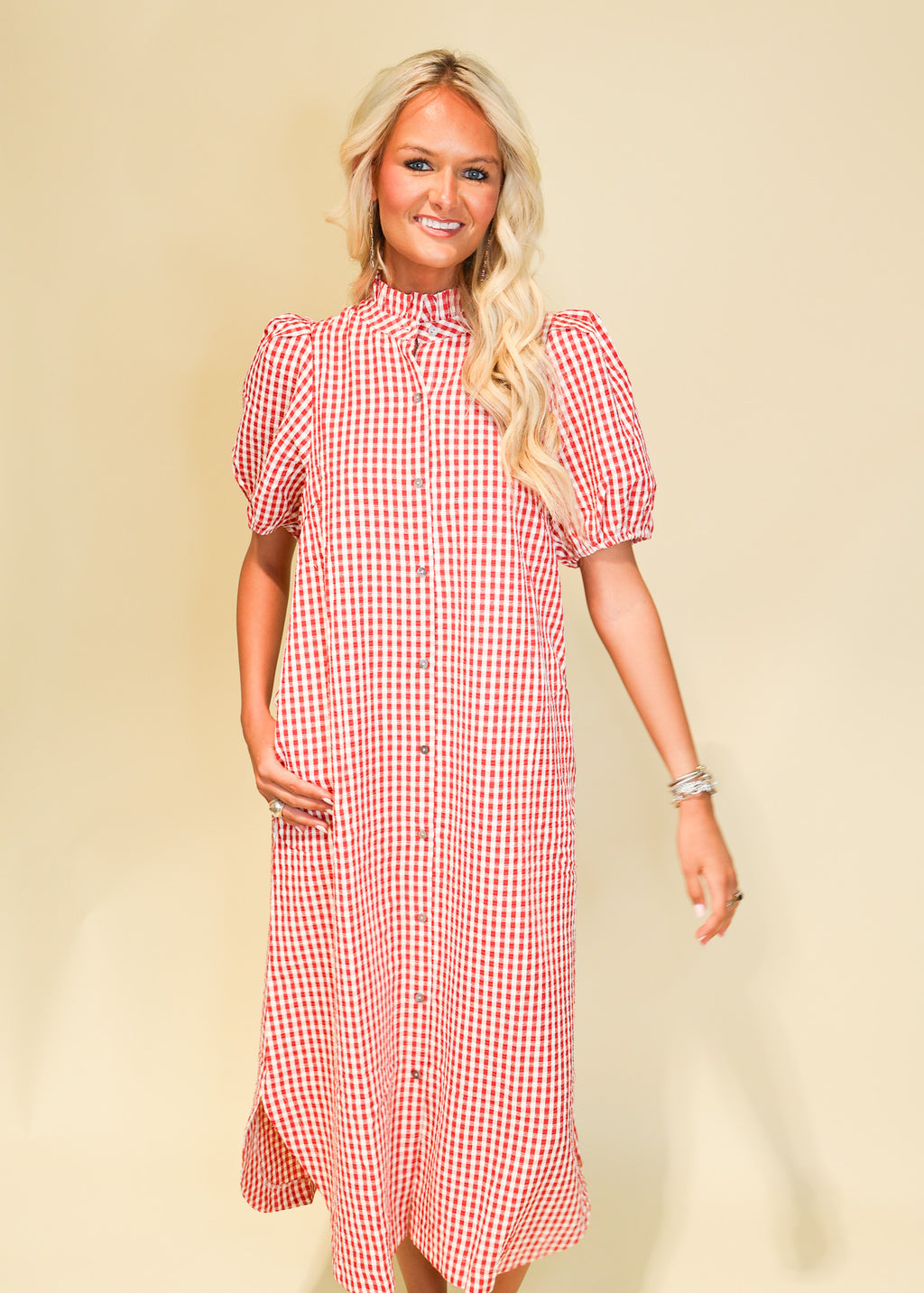 Gingham Short Sleeve Relaxed Midi Dress