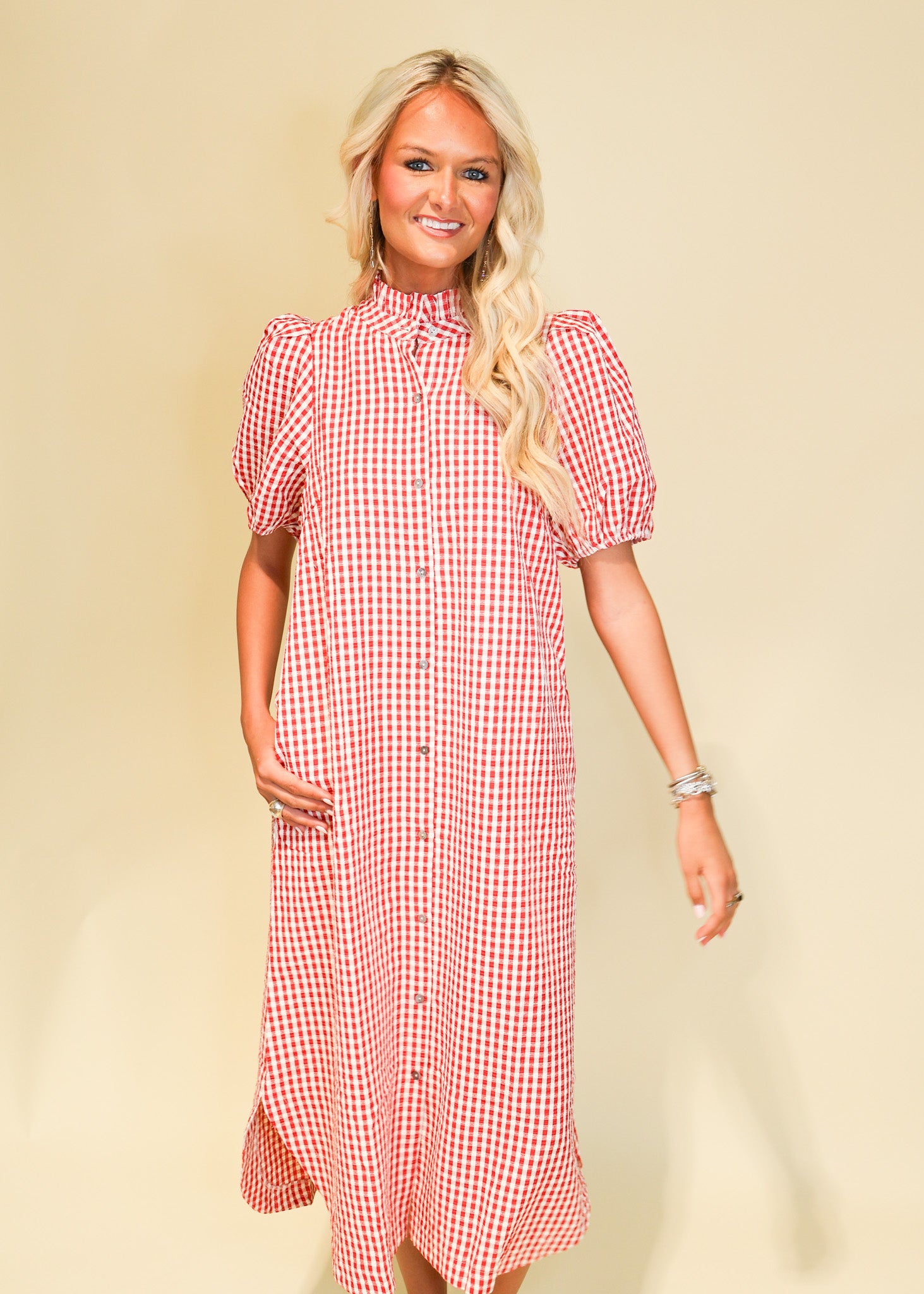 Gingham Short Sleeve Relaxed Midi Dress