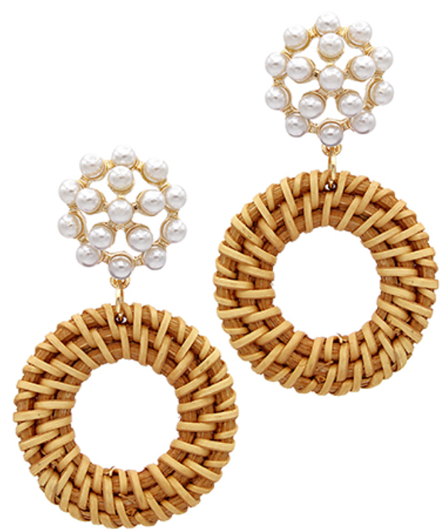 Rattan Circle & Pearl Drop Earring
