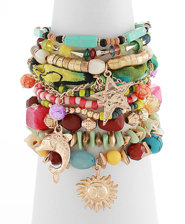 10 Row Sunburst & India Bead Stacking Bracelet