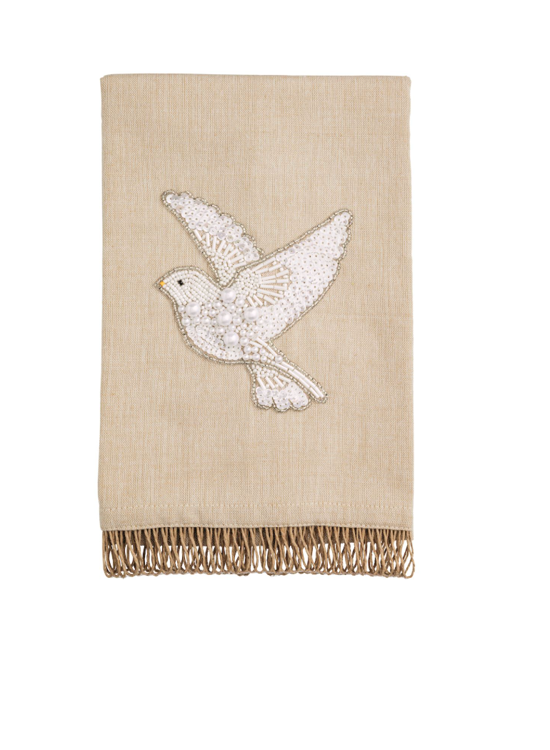 Turtle Dove White Christmas Beaded Towel
