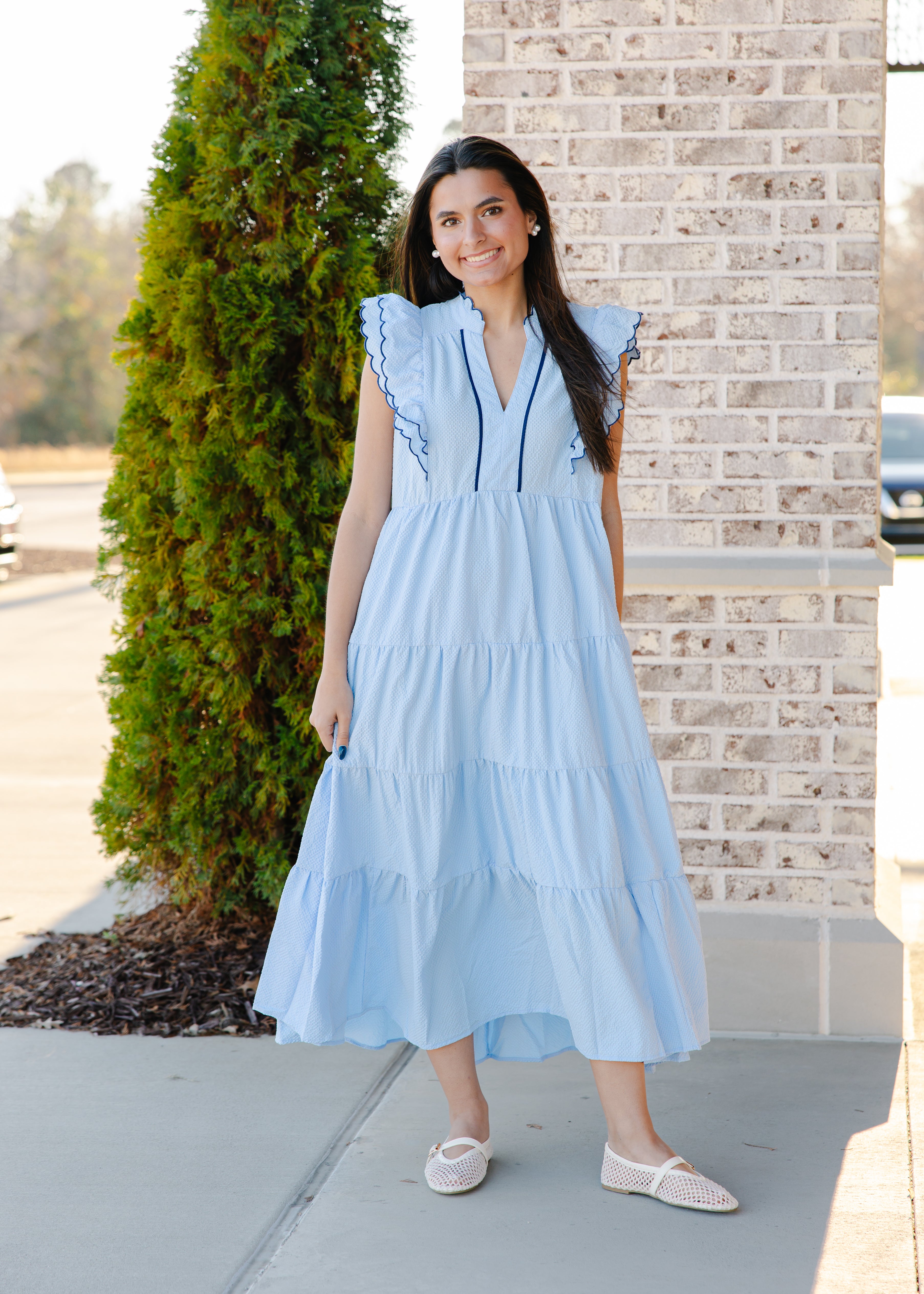 Hazel Scalloped Trim Tiered Midi Dress