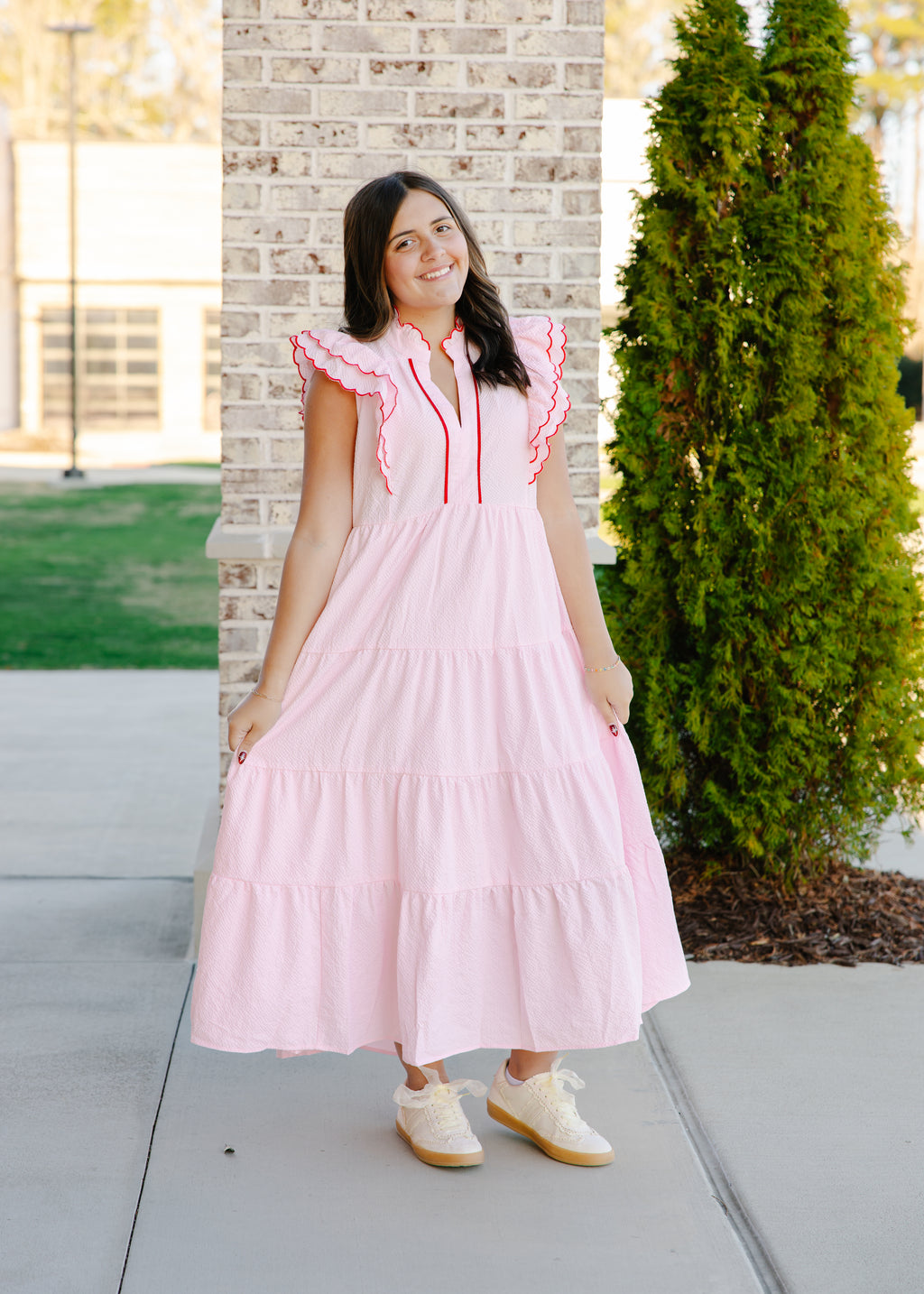 Hazel Scalloped Trim Tiered Midi Dress