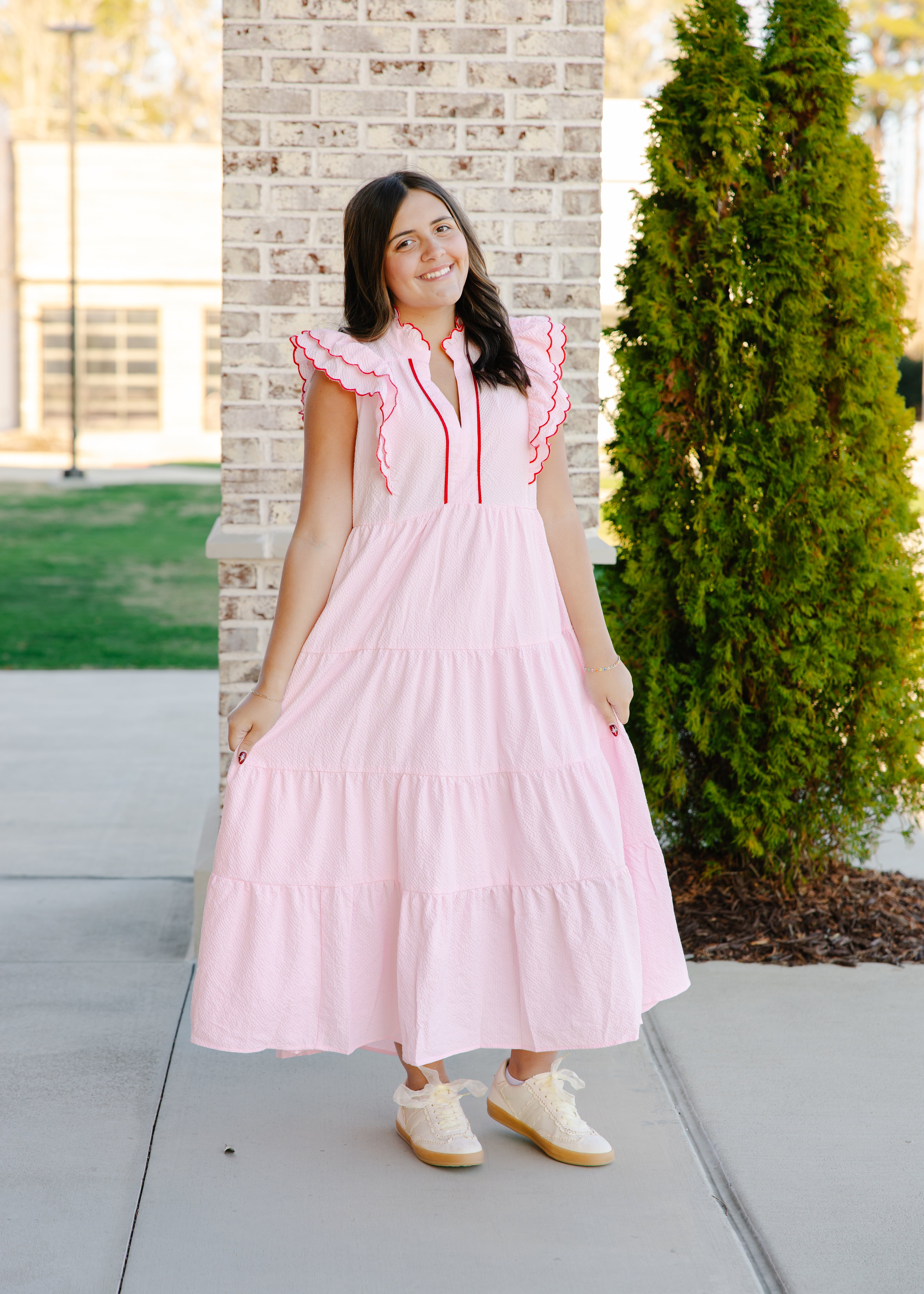 Hazel Scalloped Trim Tiered Midi Dress