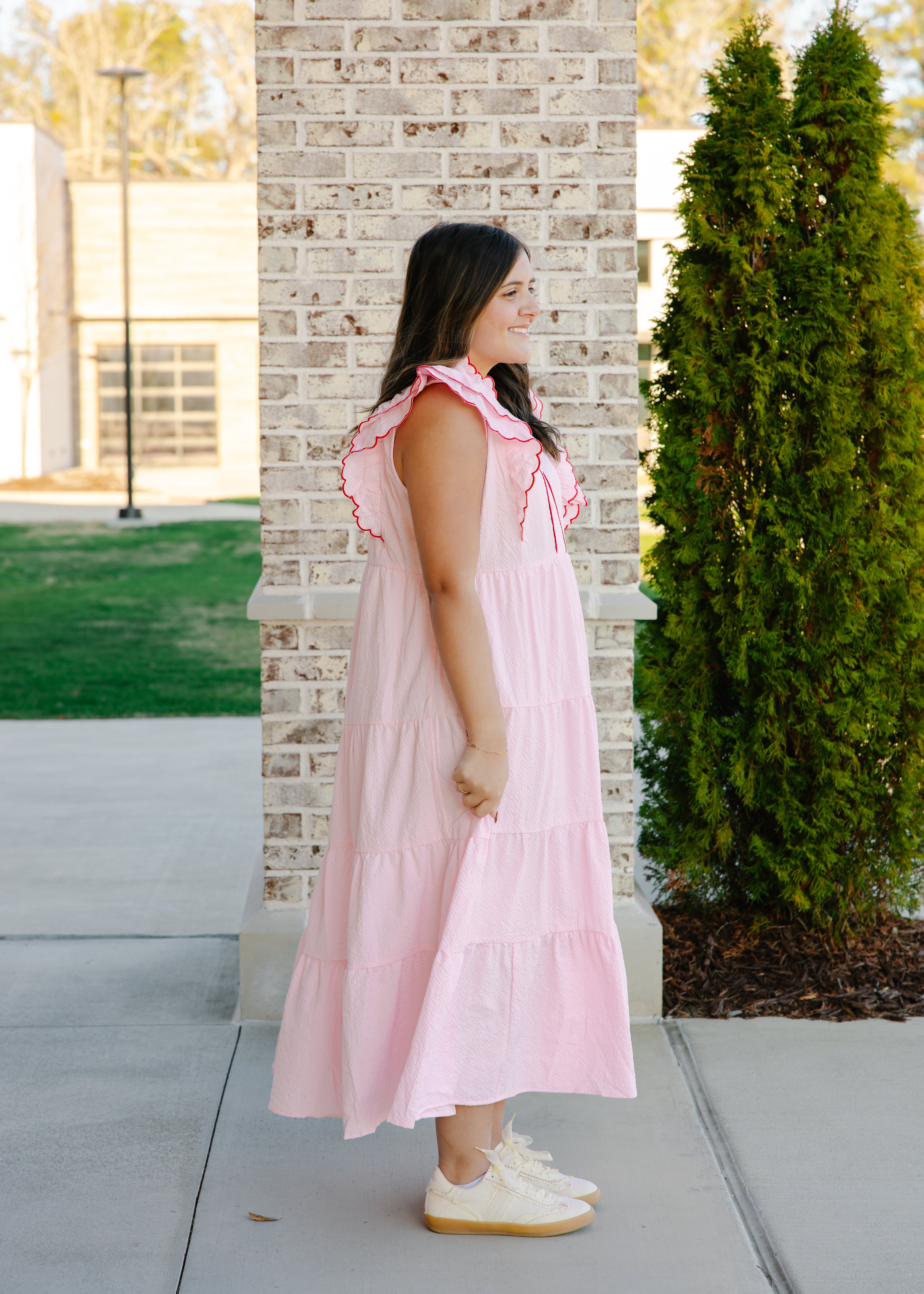 Hazel Scalloped Trim Tiered Midi Dress