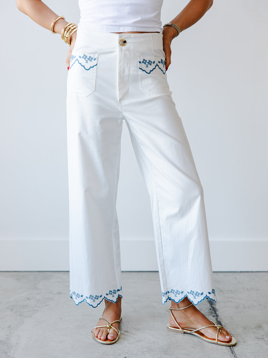 Kaleigh Embroidered Scallop Hem Pants