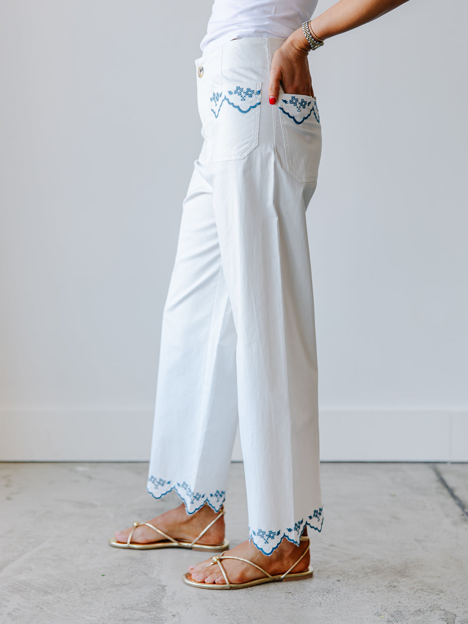 Kaleigh Embroidered Scallop Hem Pants