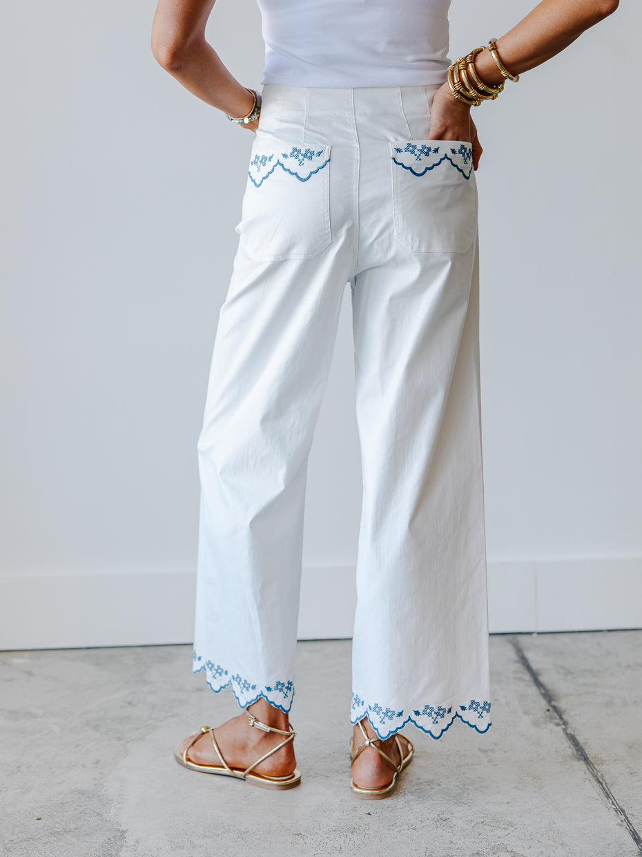 Kaleigh Embroidered Scallop Hem Pants