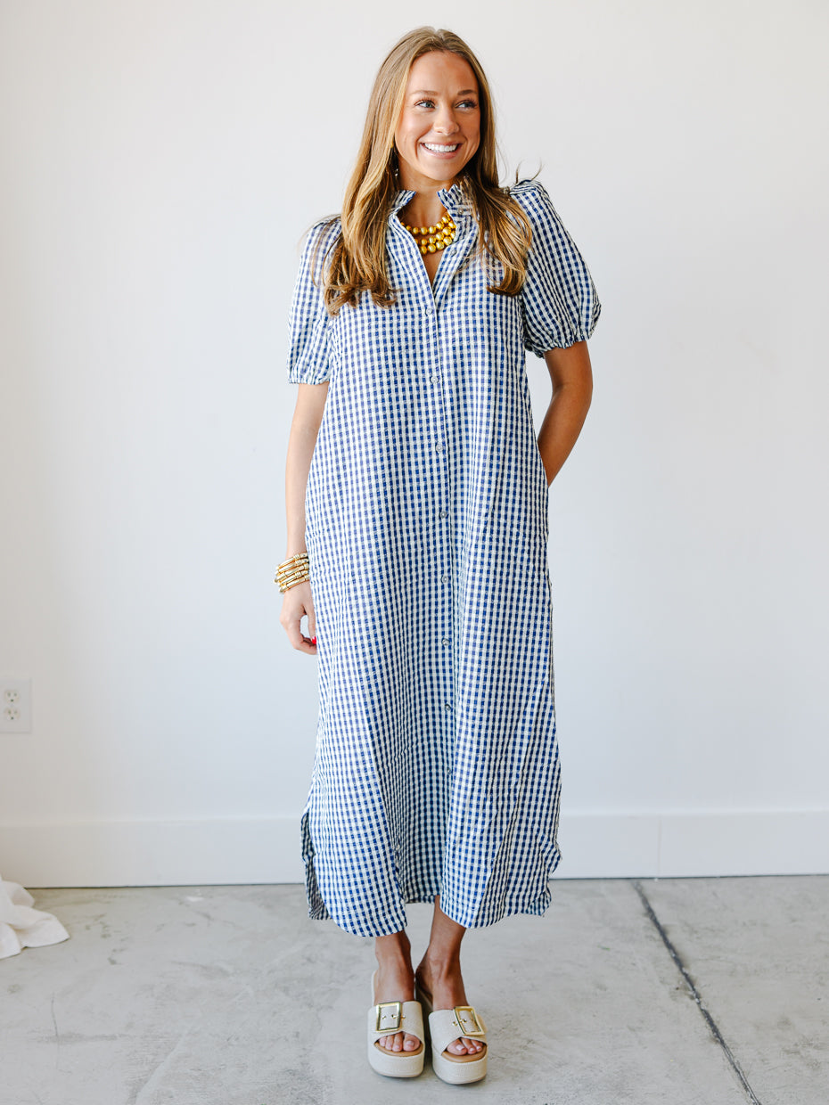 Gingham Short Sleeve Relaxed Midi Dress