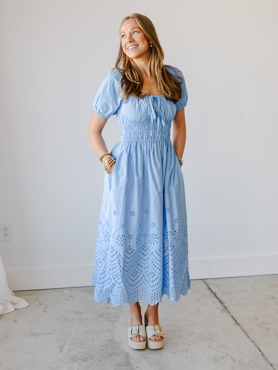 Waverly Smocked Eyelet Midi Dress