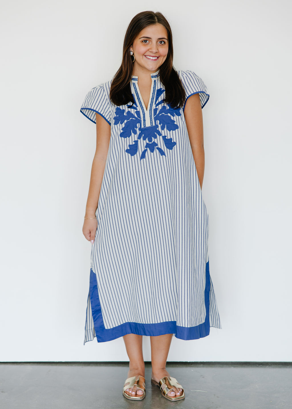 Elara Stripe Embroidered Midi Dress