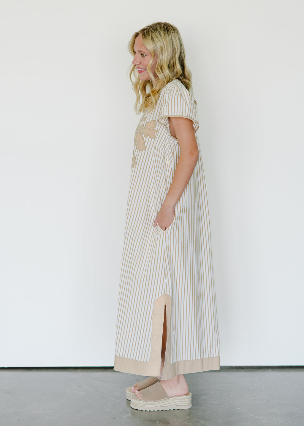 Elara Stripe Embroidered Midi Dress