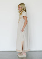 Elara Stripe Embroidered Midi Dress