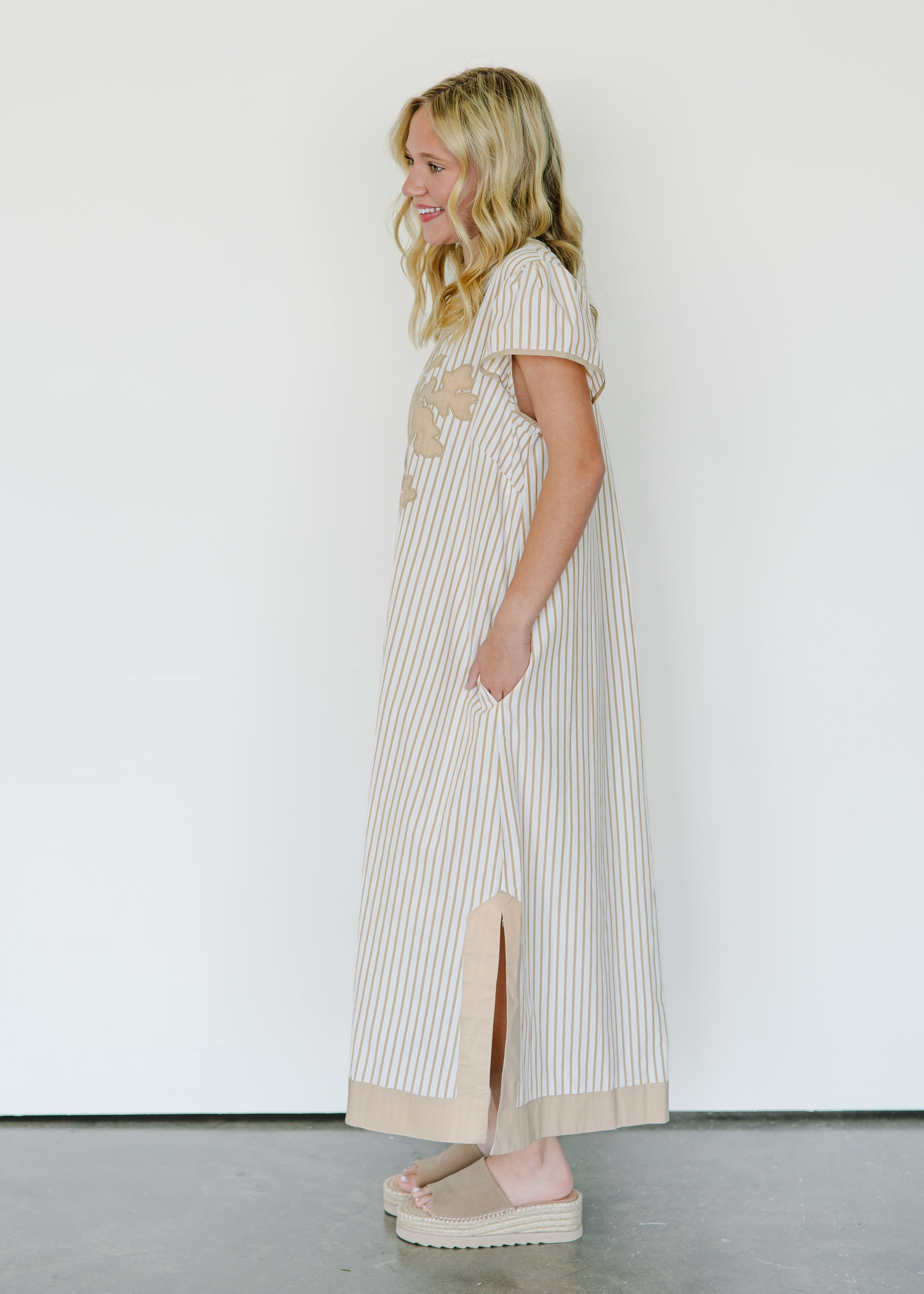 Elara Stripe Embroidered Midi Dress