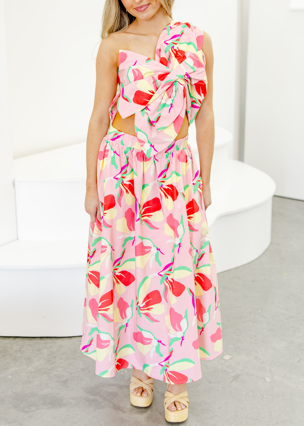 Sofia Knotted Flower Bow Floral Midi Dress