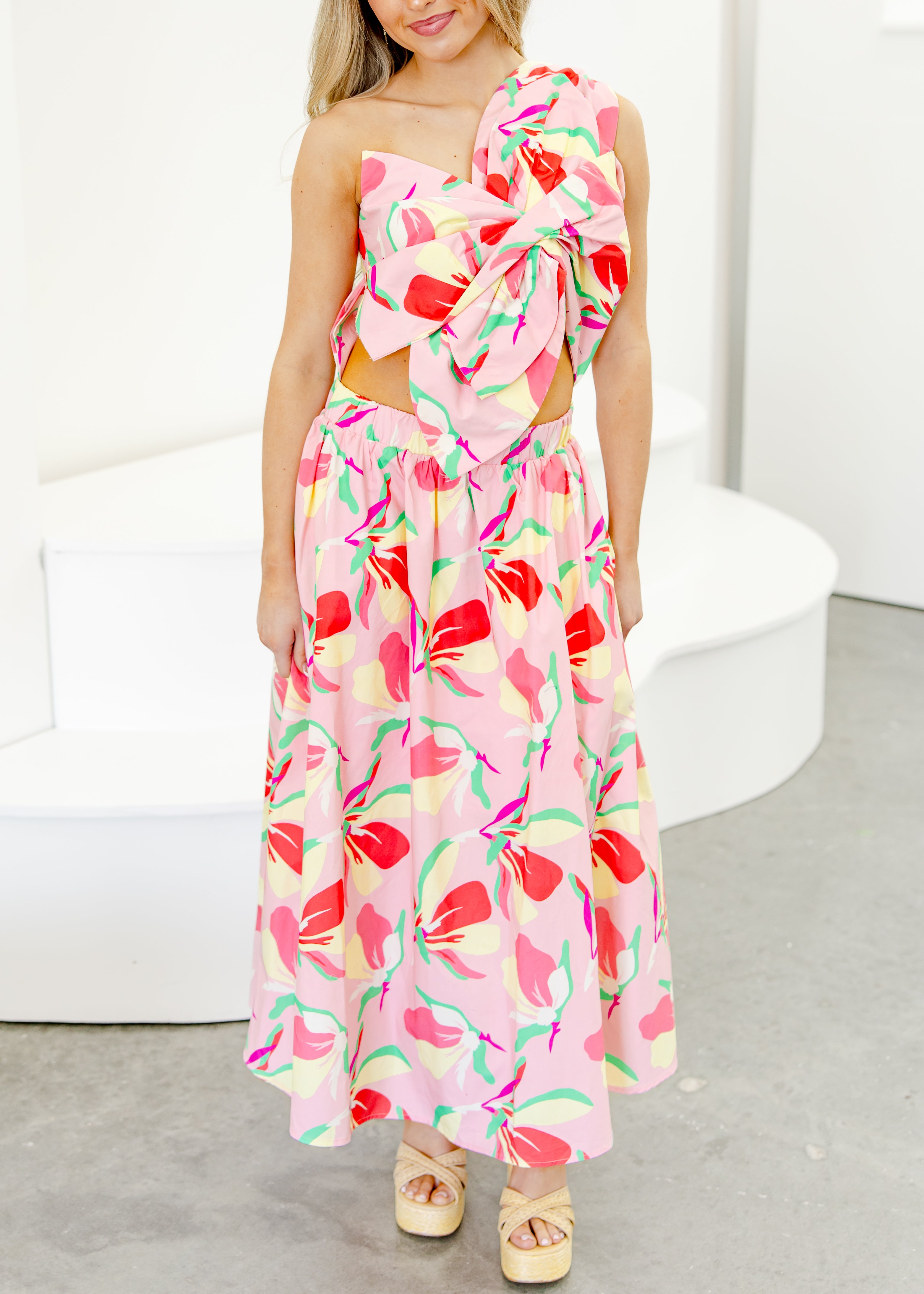 Sofia Knotted Flower Bow Floral Midi Dress