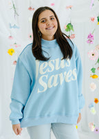 Jesus Saves Print Mock Neck Sweatshirt