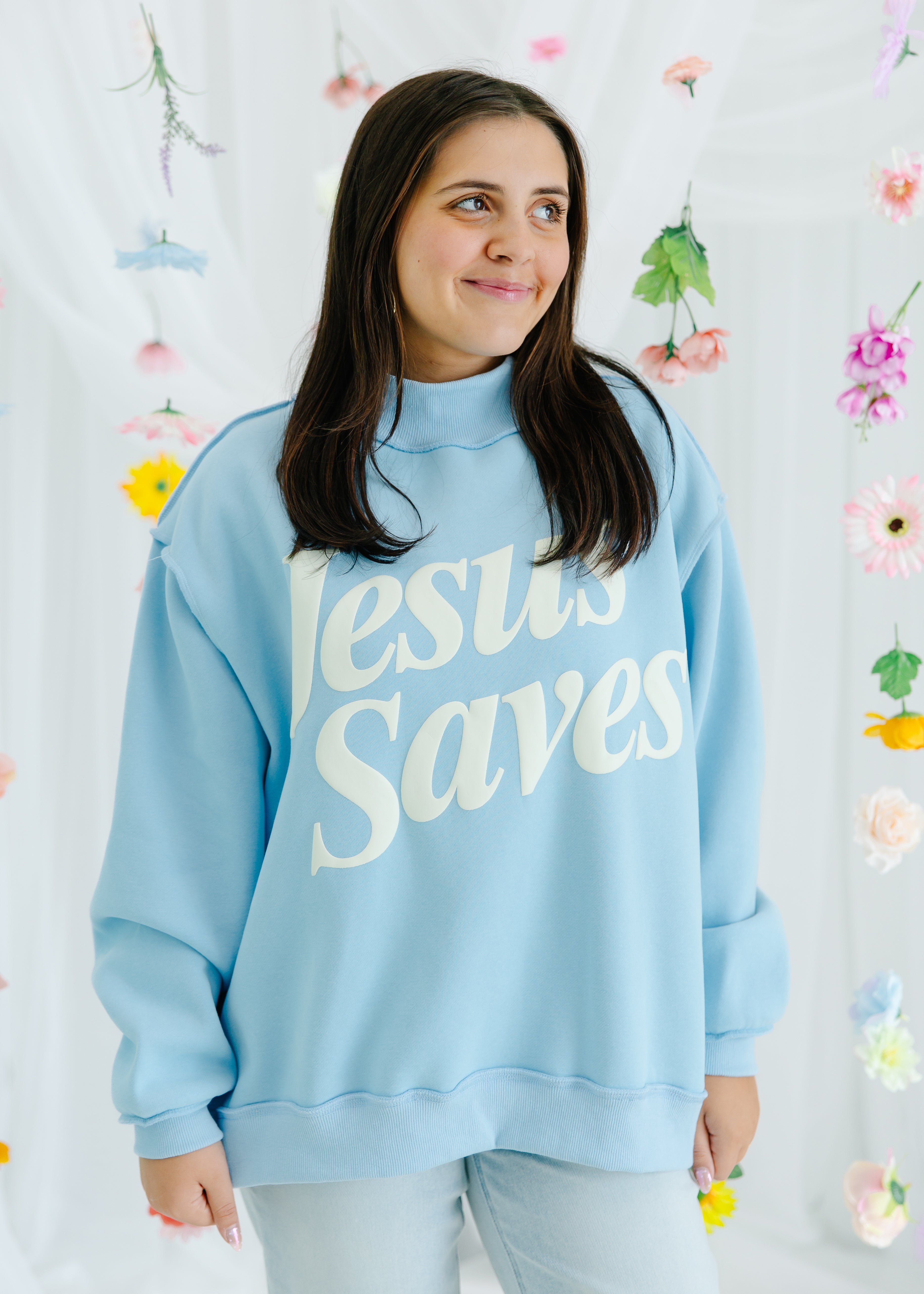 Jesus Saves Print Mock Neck Sweatshirt