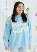 Jesus Saves Print Mock Neck Sweatshirt