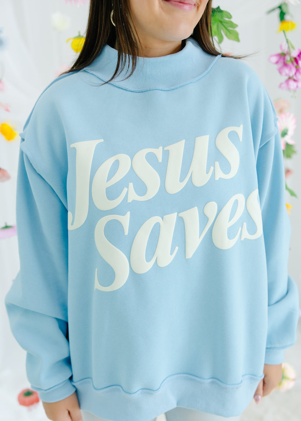 Jesus Saves Print Mock Neck Sweatshirt