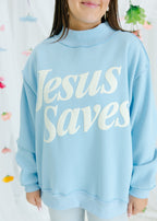 Jesus Saves Print Mock Neck Sweatshirt