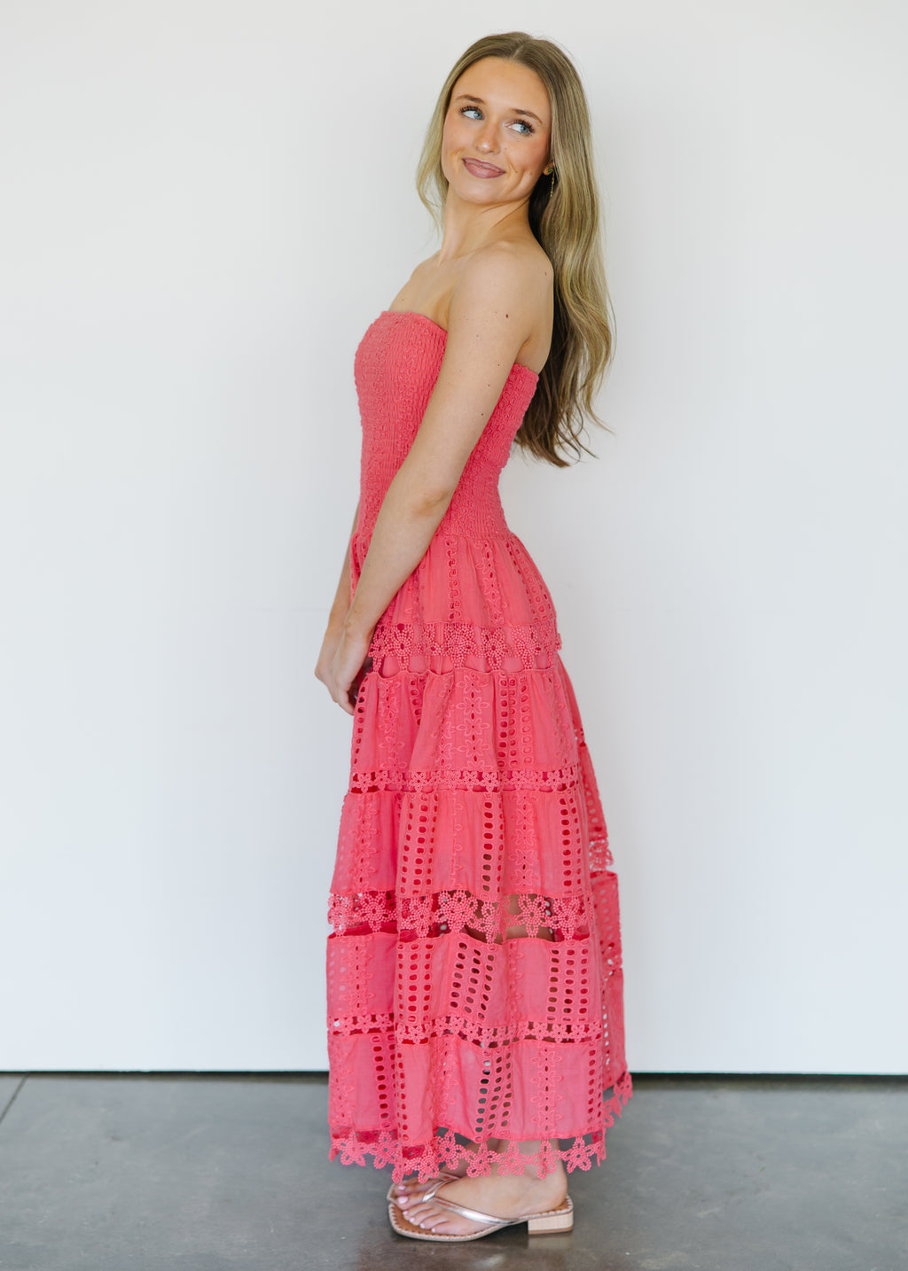 Seraphina Eyelet Tiered Tube Midi Dress
