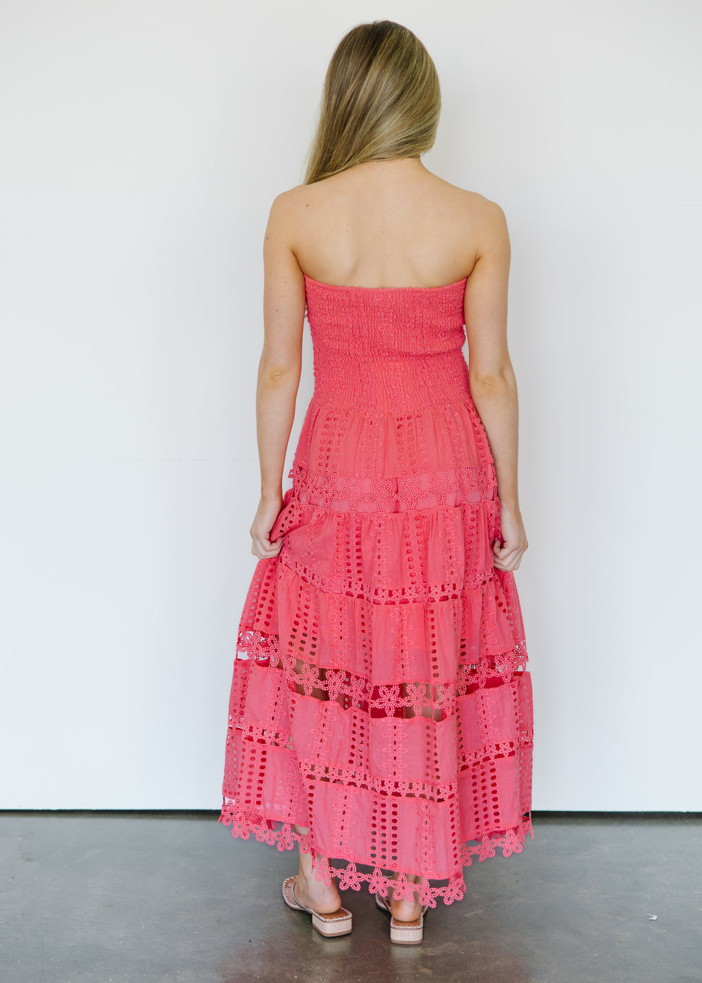 Seraphina Eyelet Tiered Tube Midi Dress