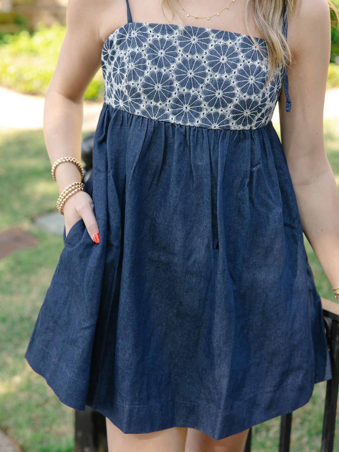 denim eyelet dress Tracy Blue Denim Eyelet Drop Waist Sleeveless Midi Dress