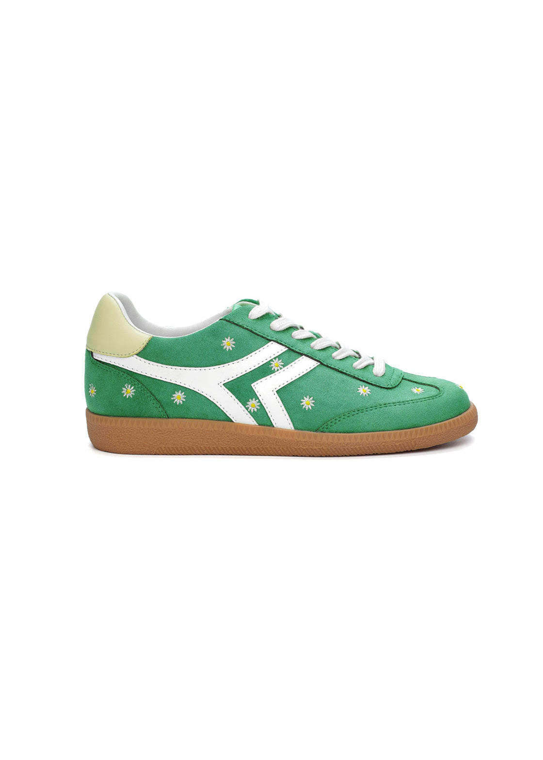 Green sneaker with white accents on a white background