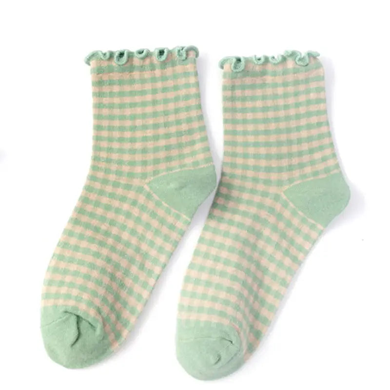 Ruffle Trim Plaid Cotton Ankle Socks