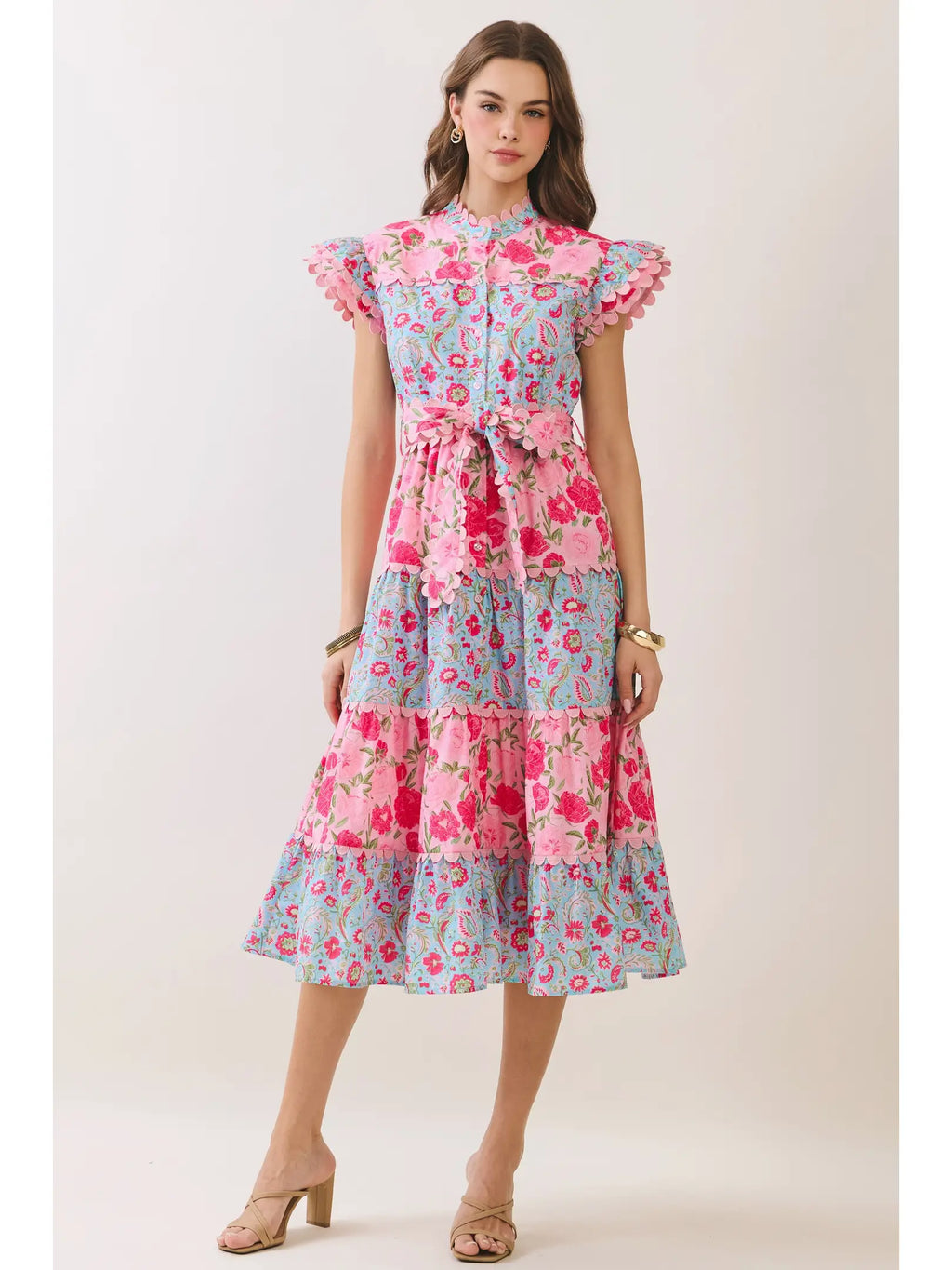 Bright Floral Scallop Midi Dress