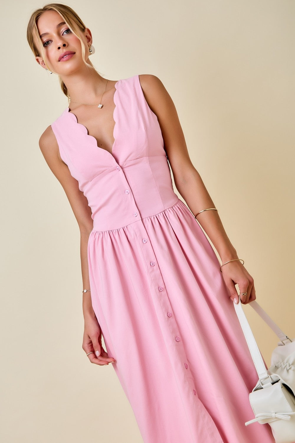 Maci Scalloped Button-Front Midi Dress