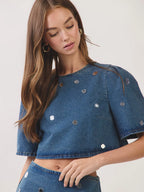 Jade Embellished Denim Crop Top