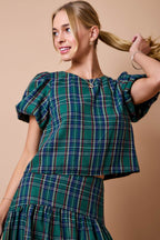 Noelle Plaid Puff-Sleeve Top