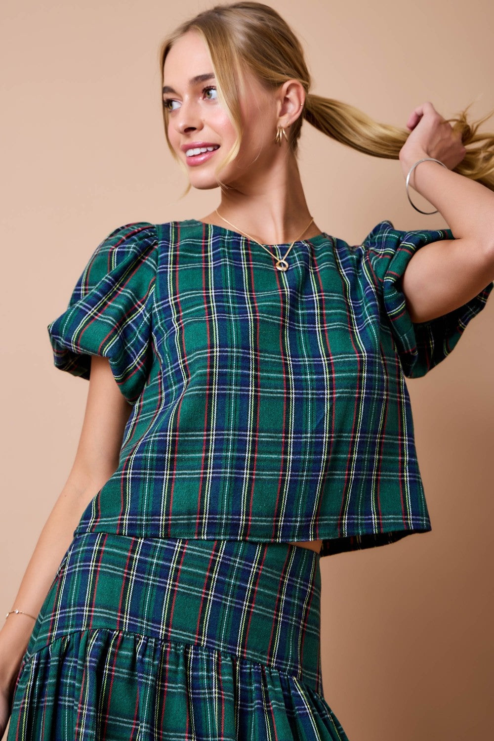Noelle Plaid Puff-Sleeve Top