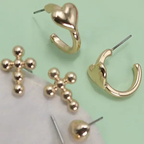 Heart Cross Huggie Hoop Trio Earrings