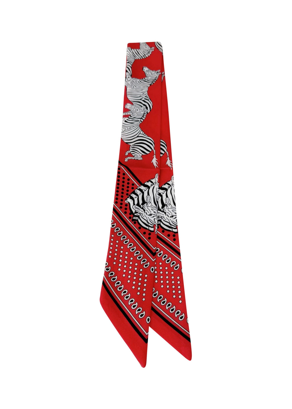 Red scarf with black and white pattern on a white background