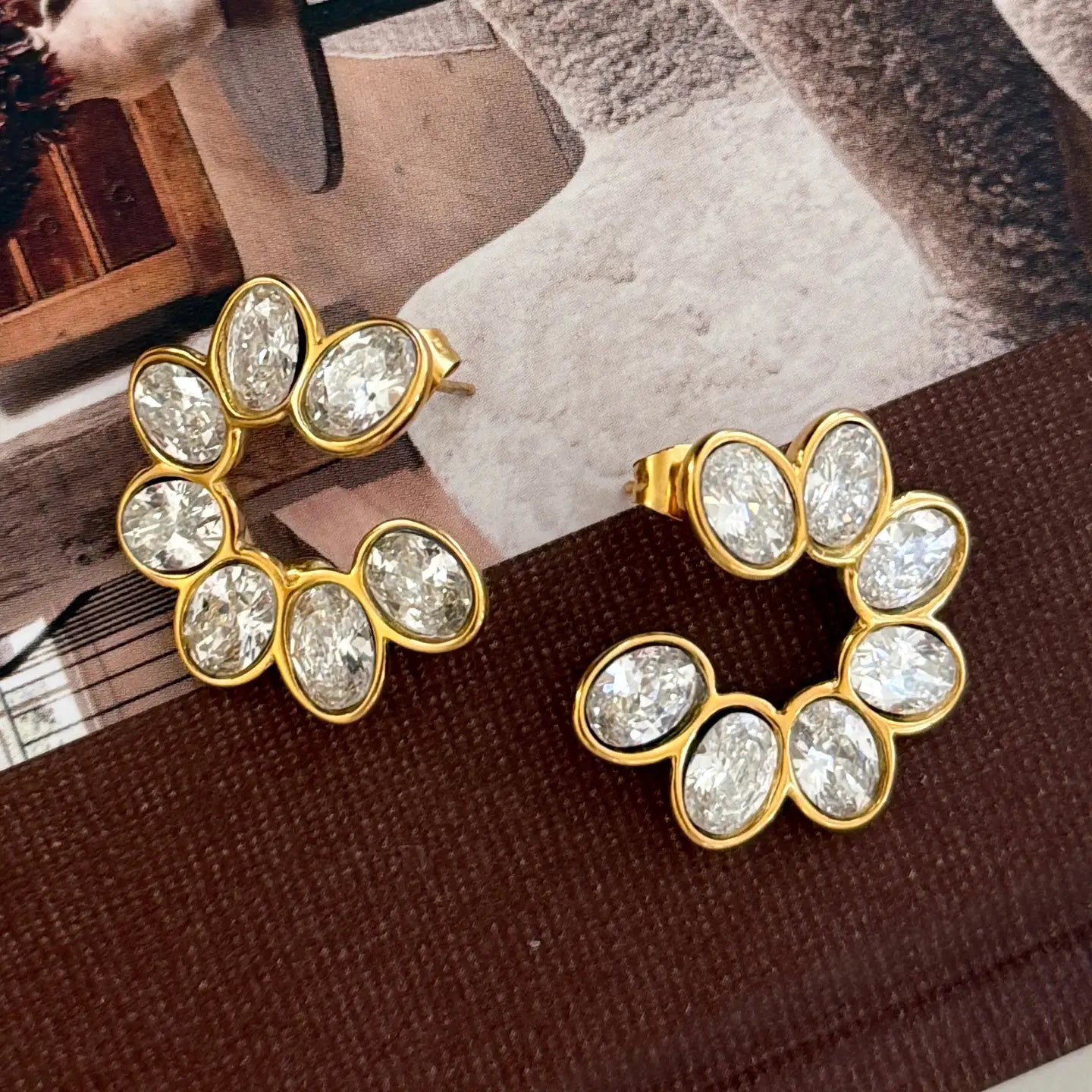 Serena gold stud earrings with marquise crystal floral cluster by CHANSUTTPEARLS