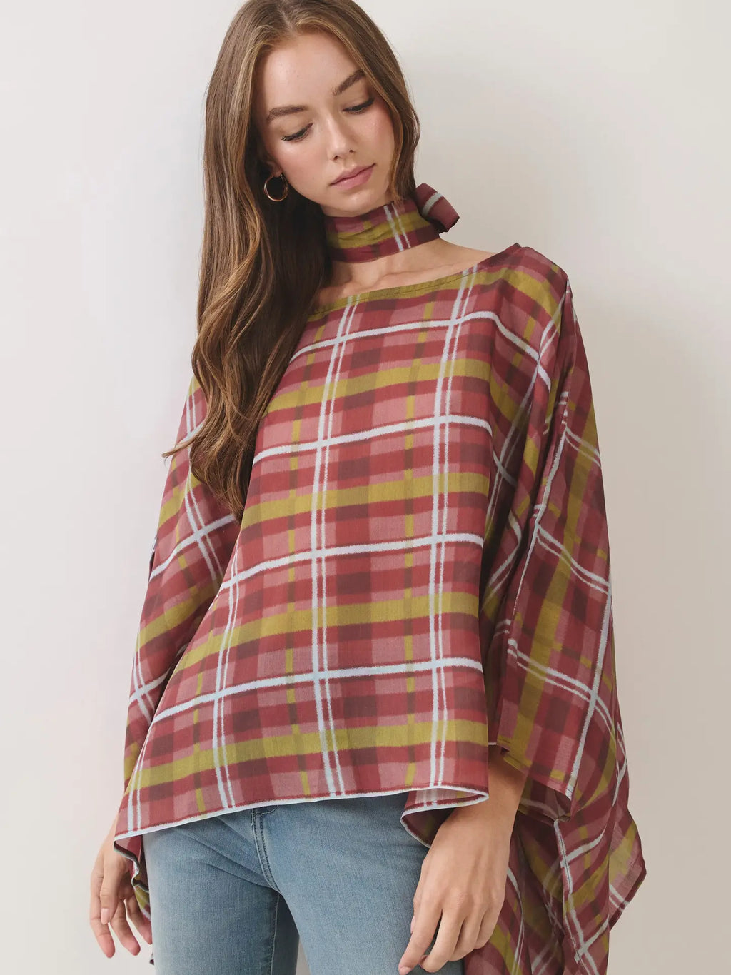 Plaid Scarf Neck Poncho Top
