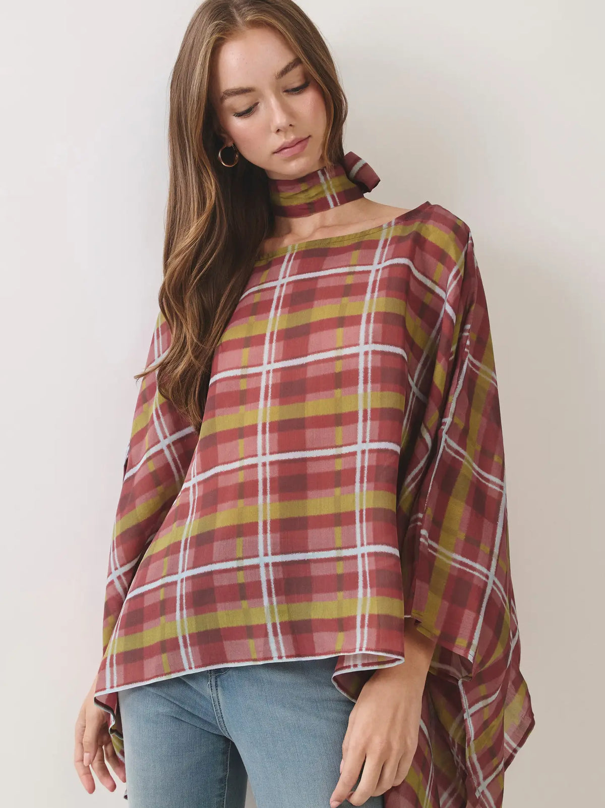 Plaid Scarf Neck Poncho Top