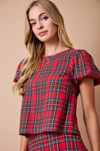 Noelle Plaid Puff-Sleeve Top