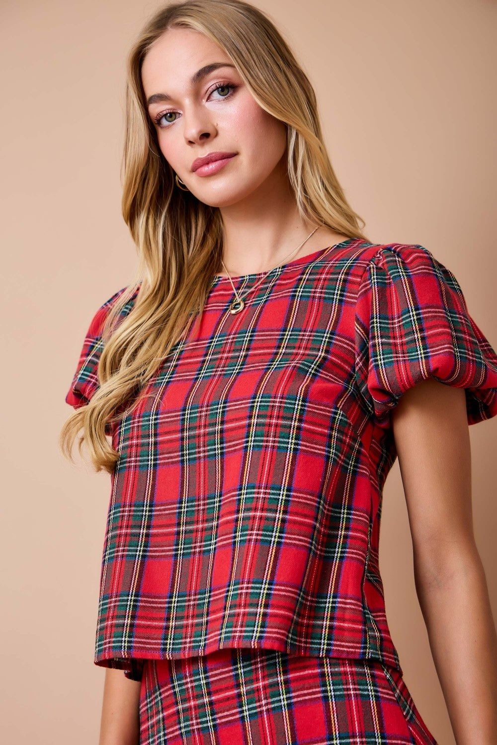 Noelle Plaid Puff-Sleeve Top