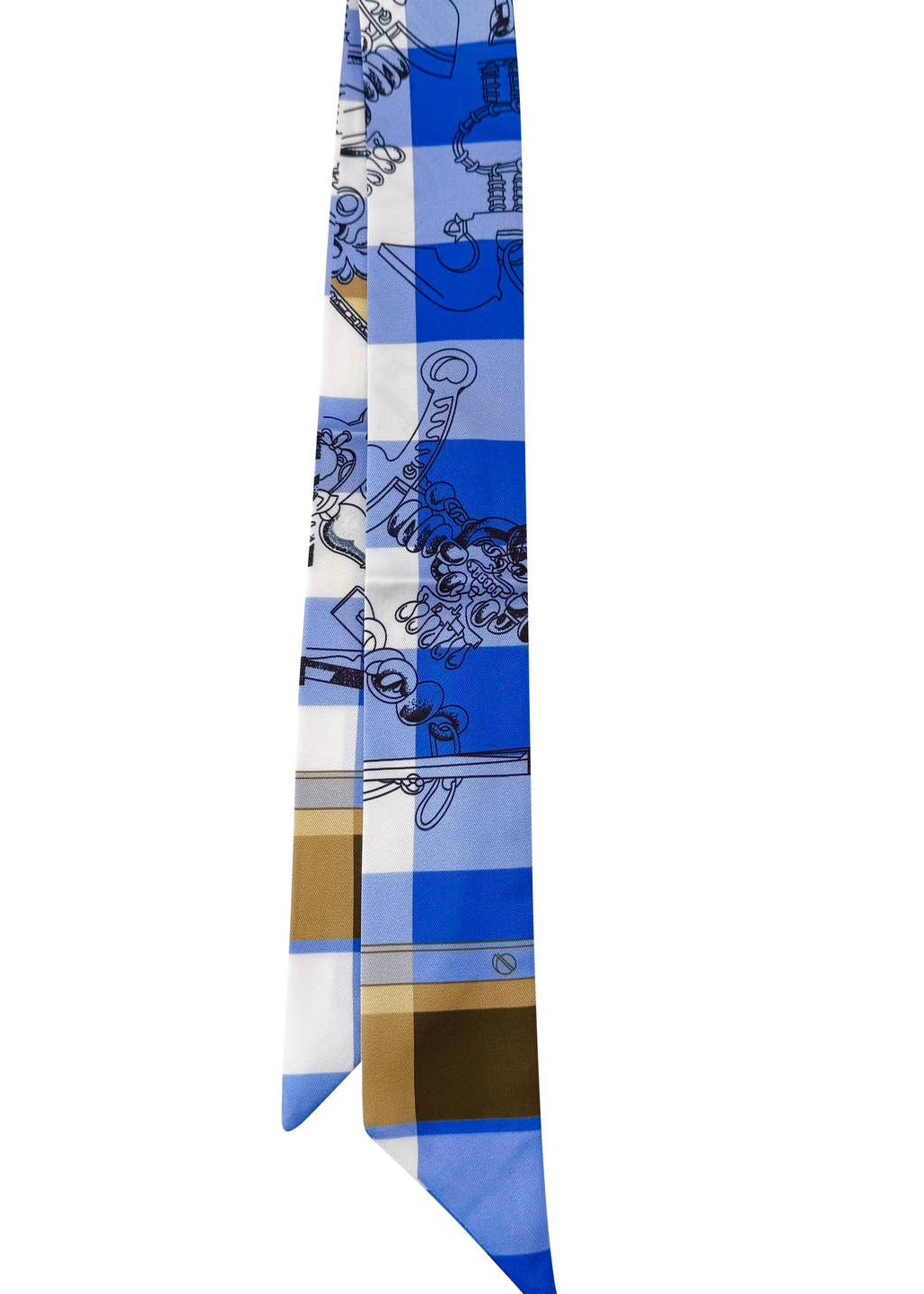 Decorative scarf with blue, white, and gold pattern on a white background