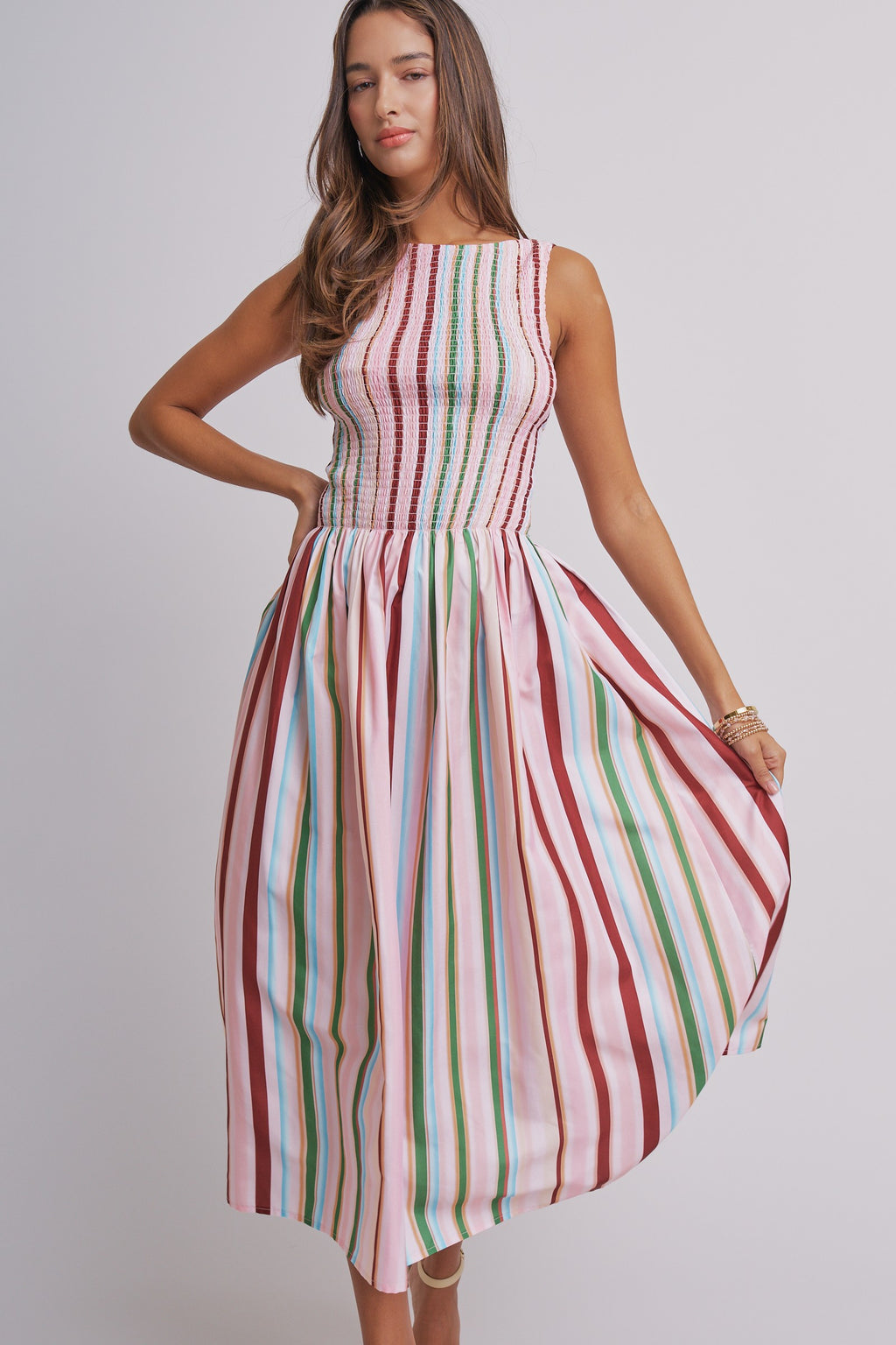 Candy Stripe Smocked Midi Dress