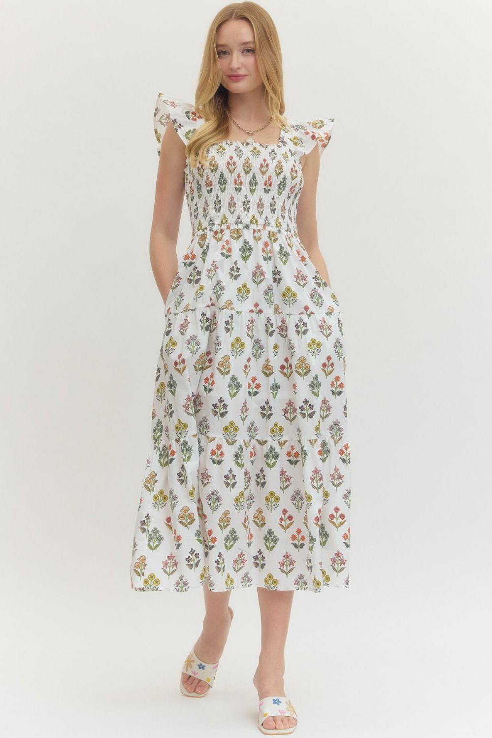 Flutter Sleeve Printed Midi Dress