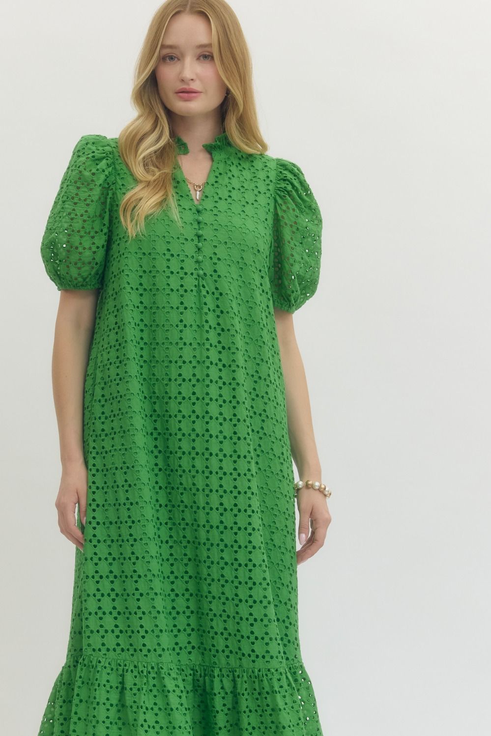 Holland Eyelet Puff Sleeve Midi Dress