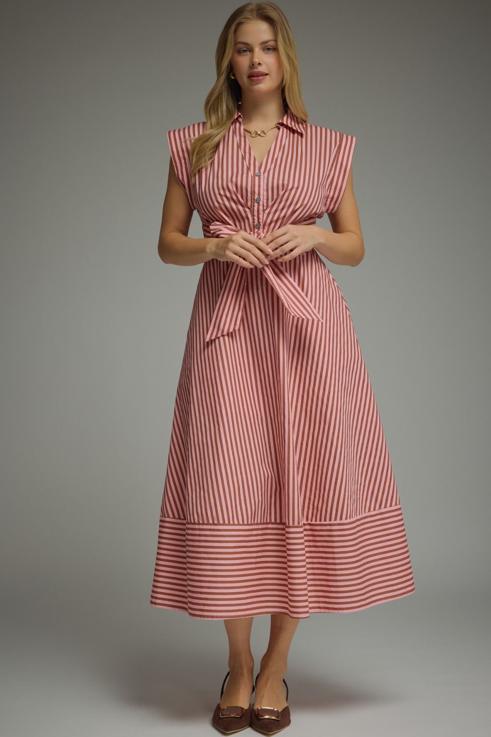 Sleeveless Stripe Tie Waist Midi Dress