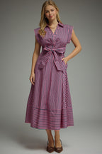 Sleeveless Stripe Tie Waist Midi Dress
