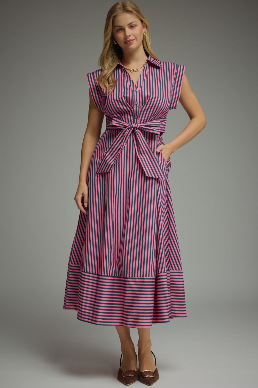 Sleeveless Stripe Tie Waist Midi Dress