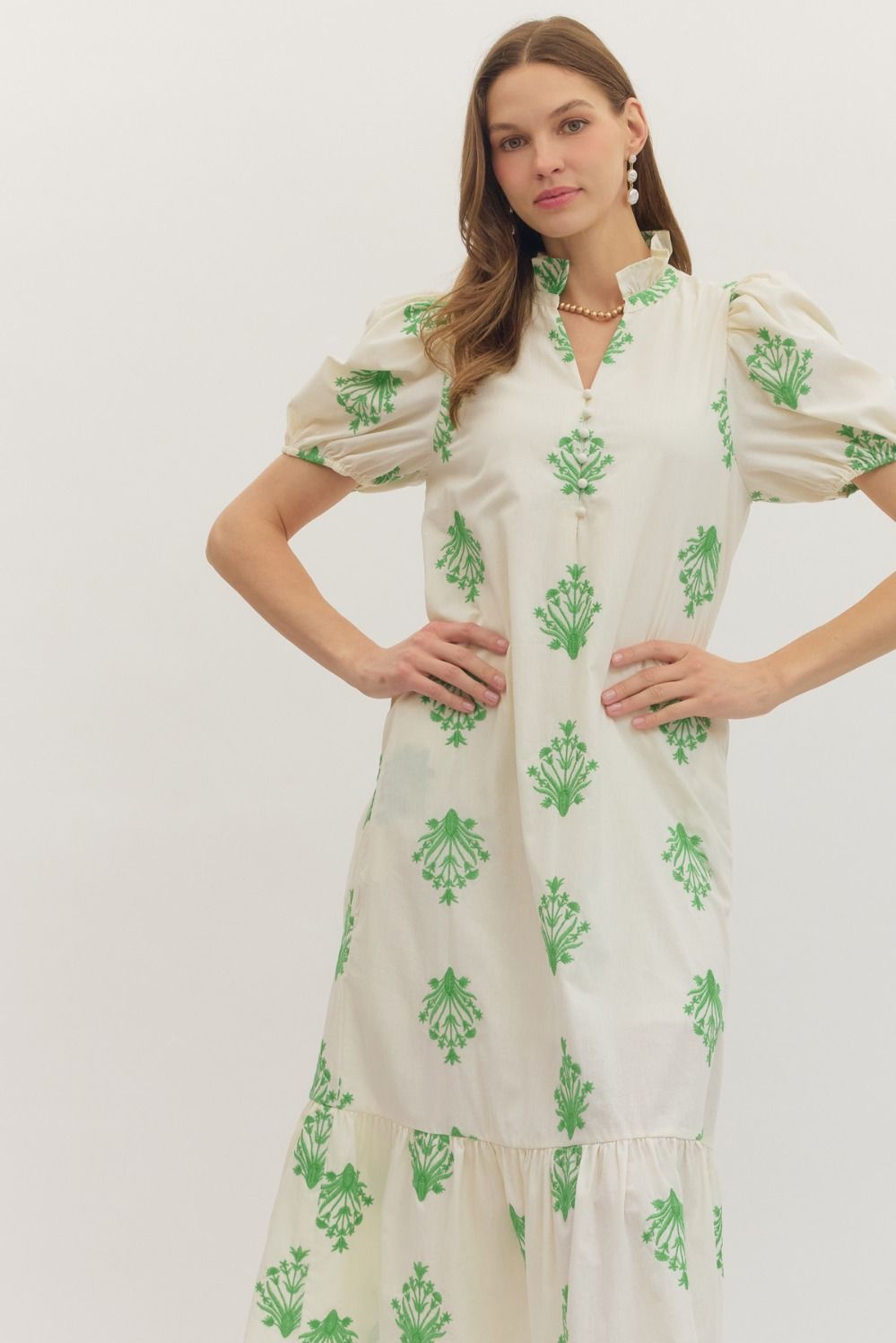 Sutton Embroidered Ruffle Midi Dress